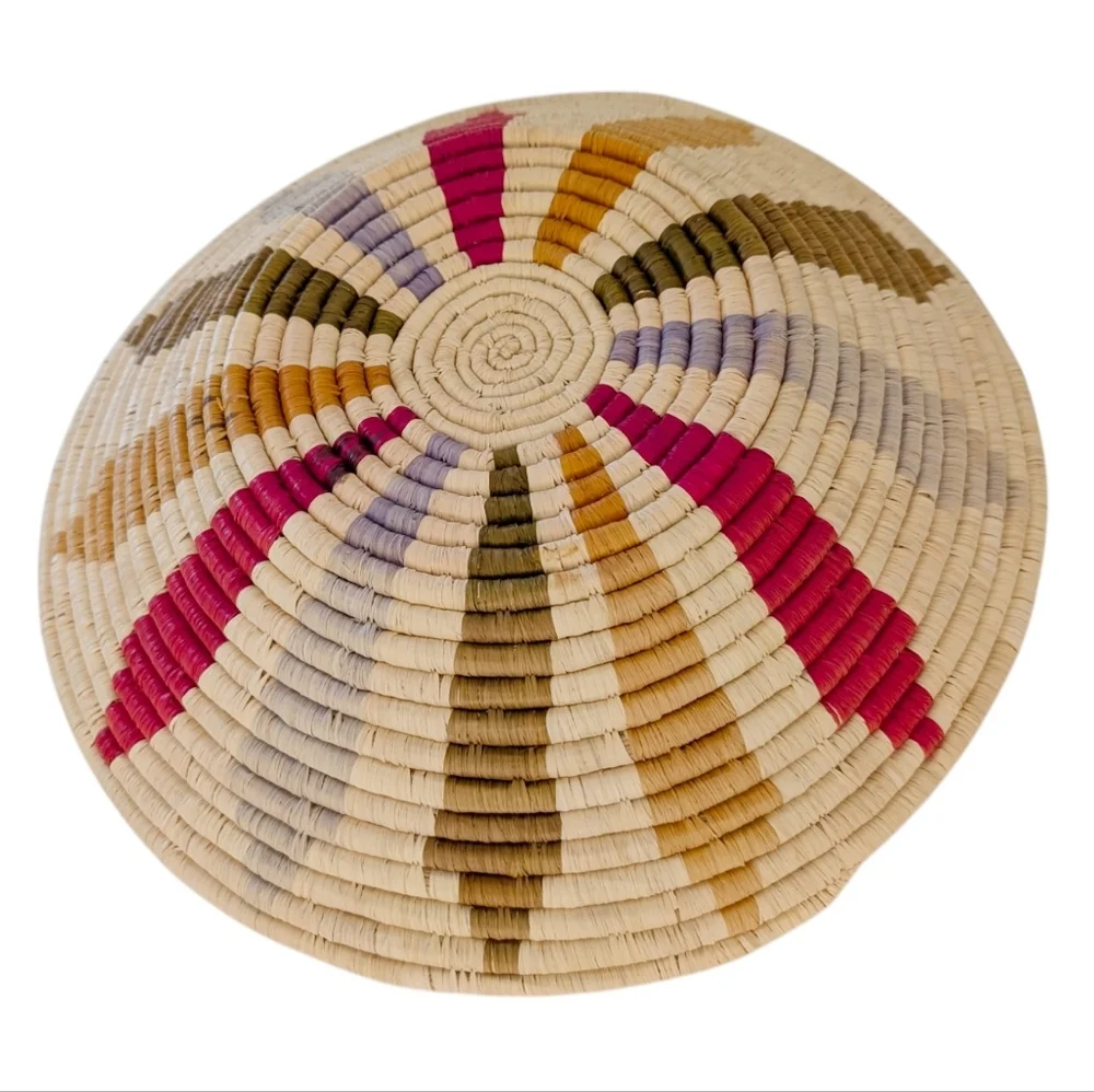 VINTAGE Handwoven Ghana Basket Tray Round African Woven Bowl Red Tan Blue 14